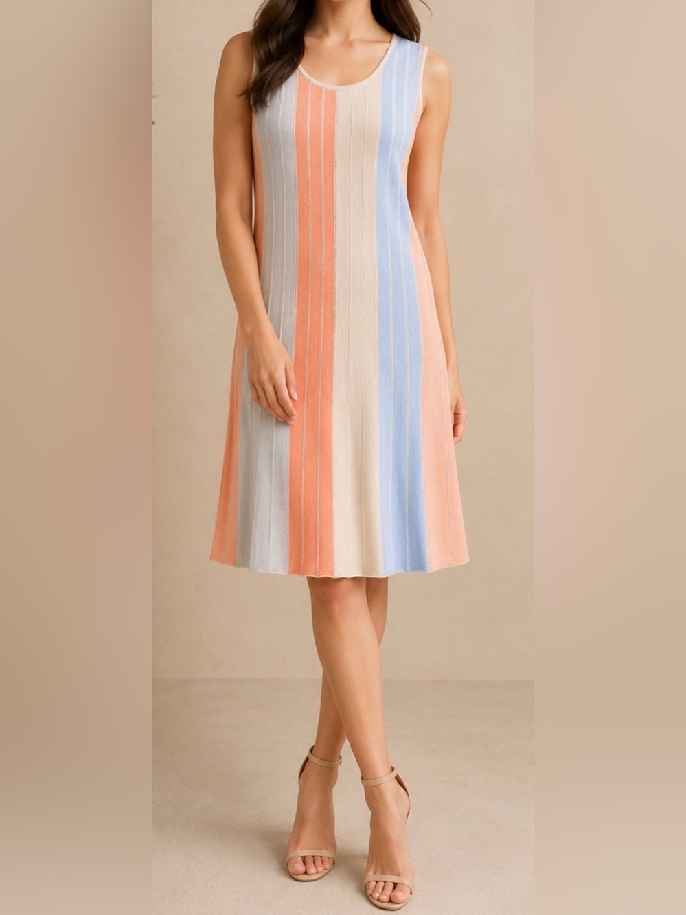 Misook Striped Knit midi Dress in Peach, Blue, Cream